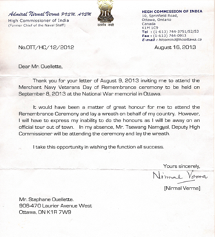 Admiral (Ret’d) Verma Response to  MN Day Invitation Letter August 16, 2013