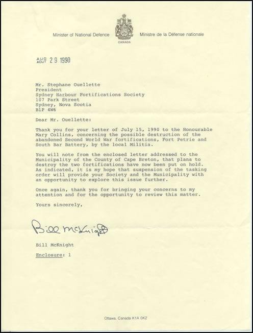 (Letter of Victory from the Honourable Bill McKnight vetoing the Demolition of Fort Petrie, August 29, 1990)